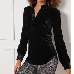 Elegant Faux Black Velvet Women's Top with curved sides. NWT